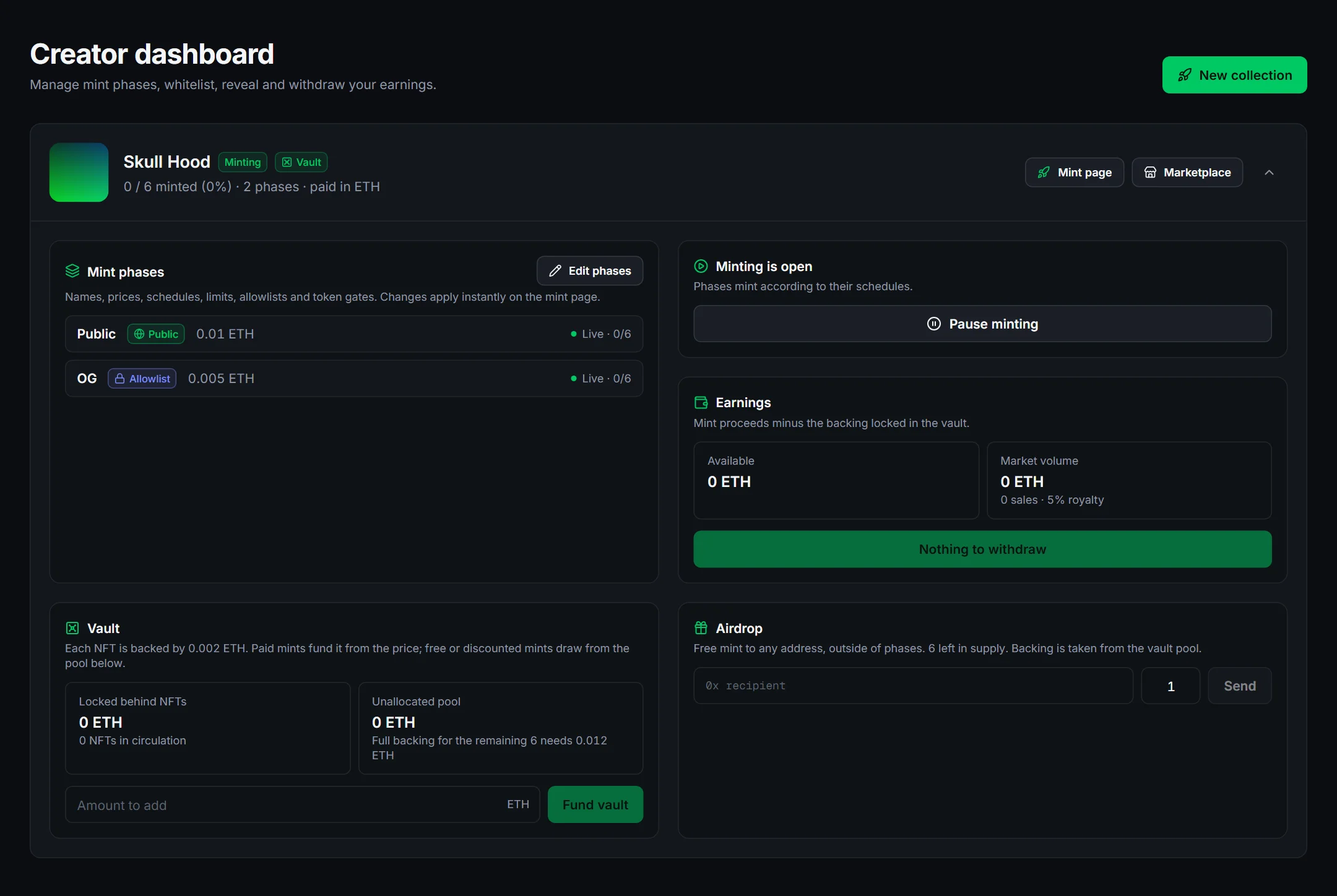 Creator dashboard: mint phases, pause, earnings, vault and airdrop panels