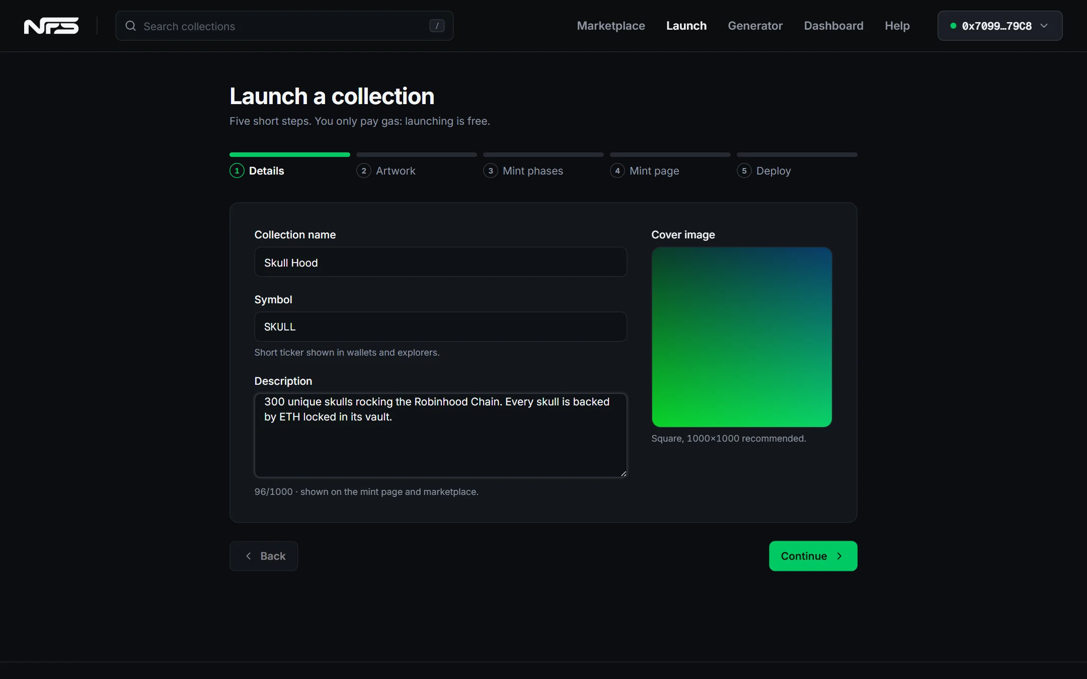 Step 1 of the launch wizard: name, symbol, description and cover image