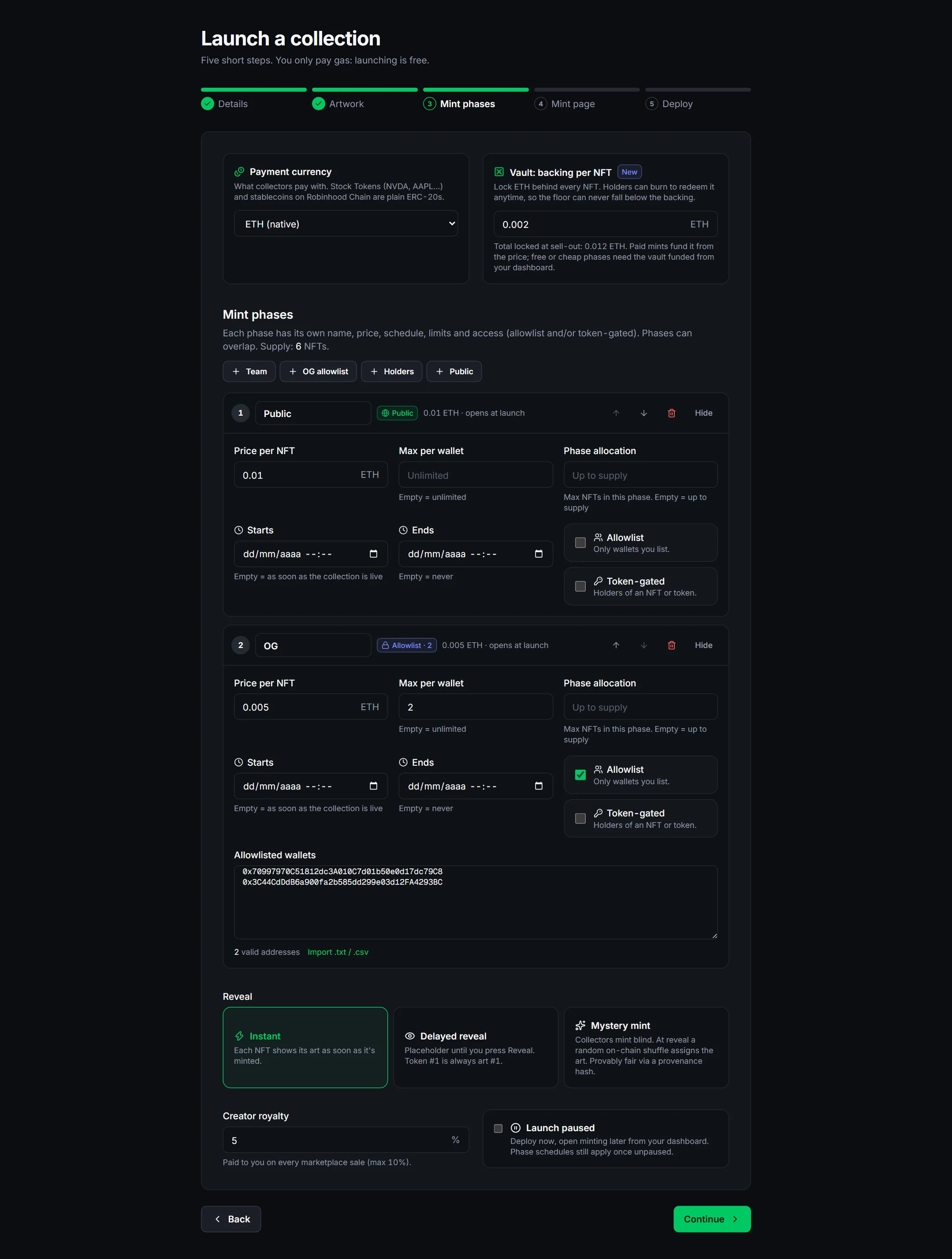 Step 3: payment currency, vault, two phases (public and allowlist) and reveal mode