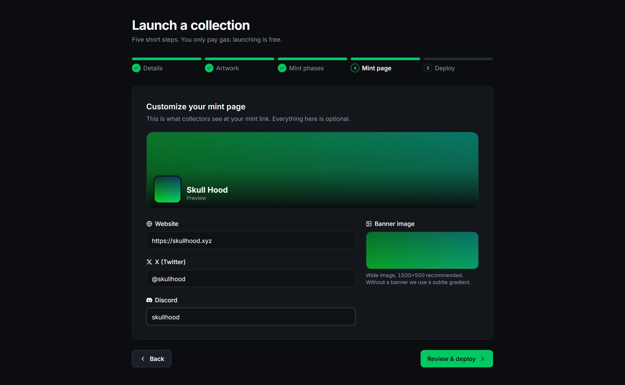 Step 4: banner preview, website, X and Discord links