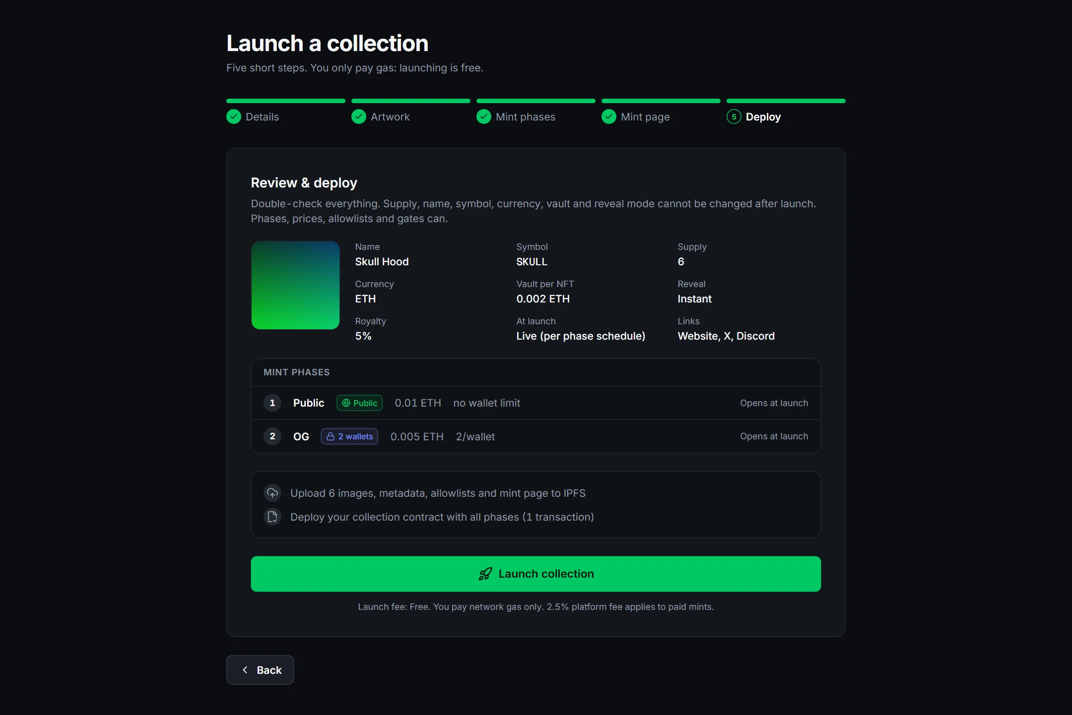 Step 5: review of all settings and the Launch collection button