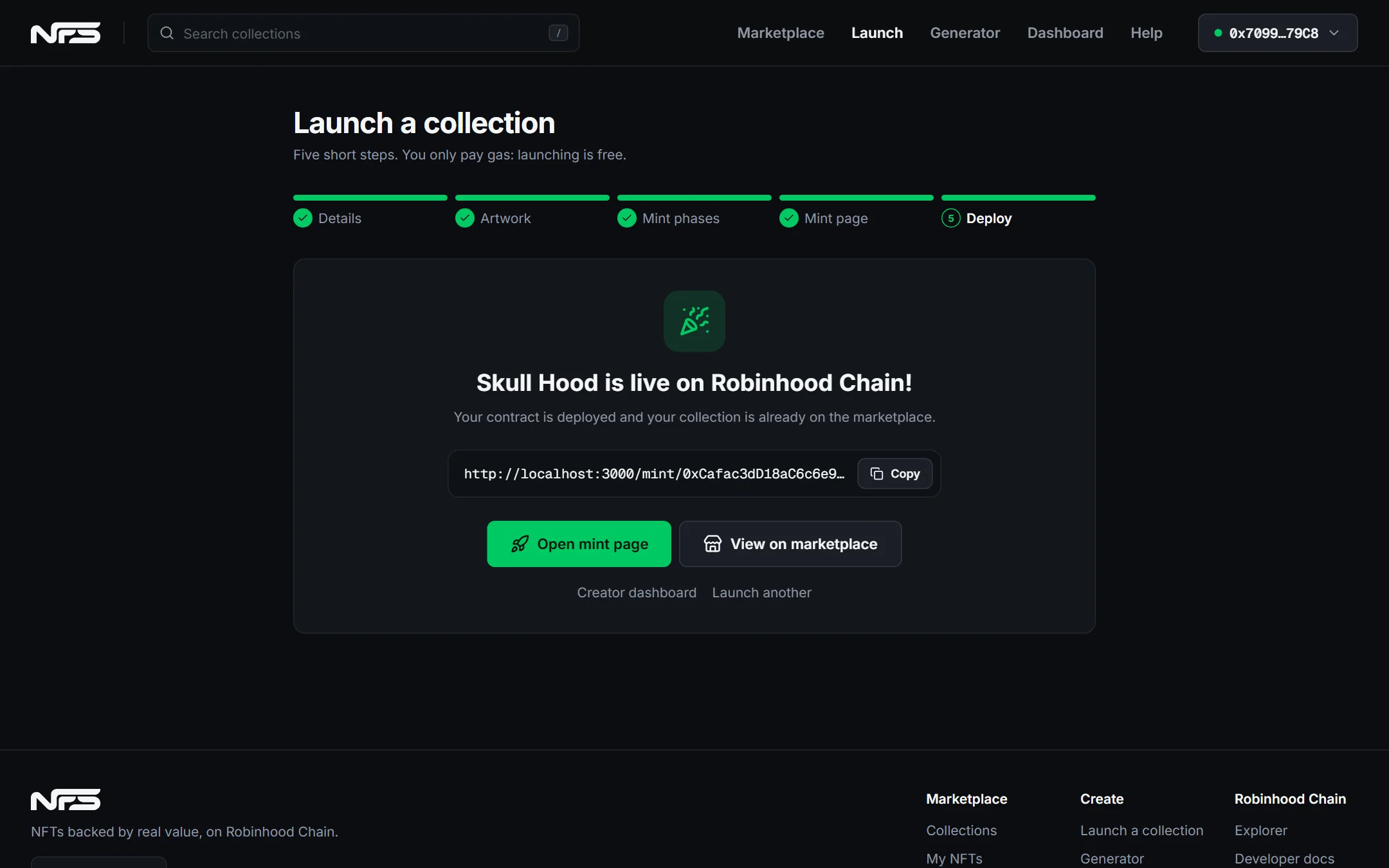 Success screen with the mint link, Open mint page and View on marketplace buttons