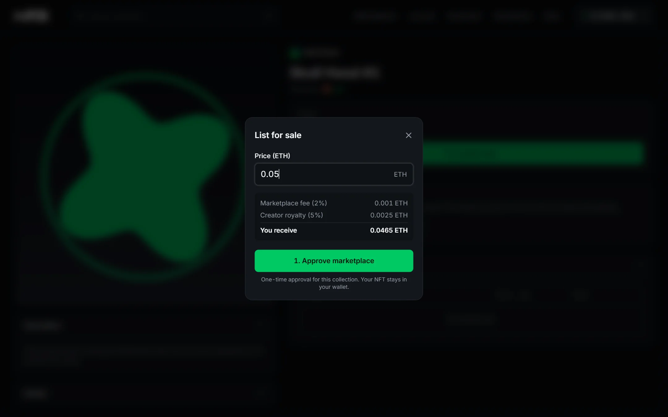 List for sale dialog showing price, marketplace fee, creator royalty and the amount you receive
