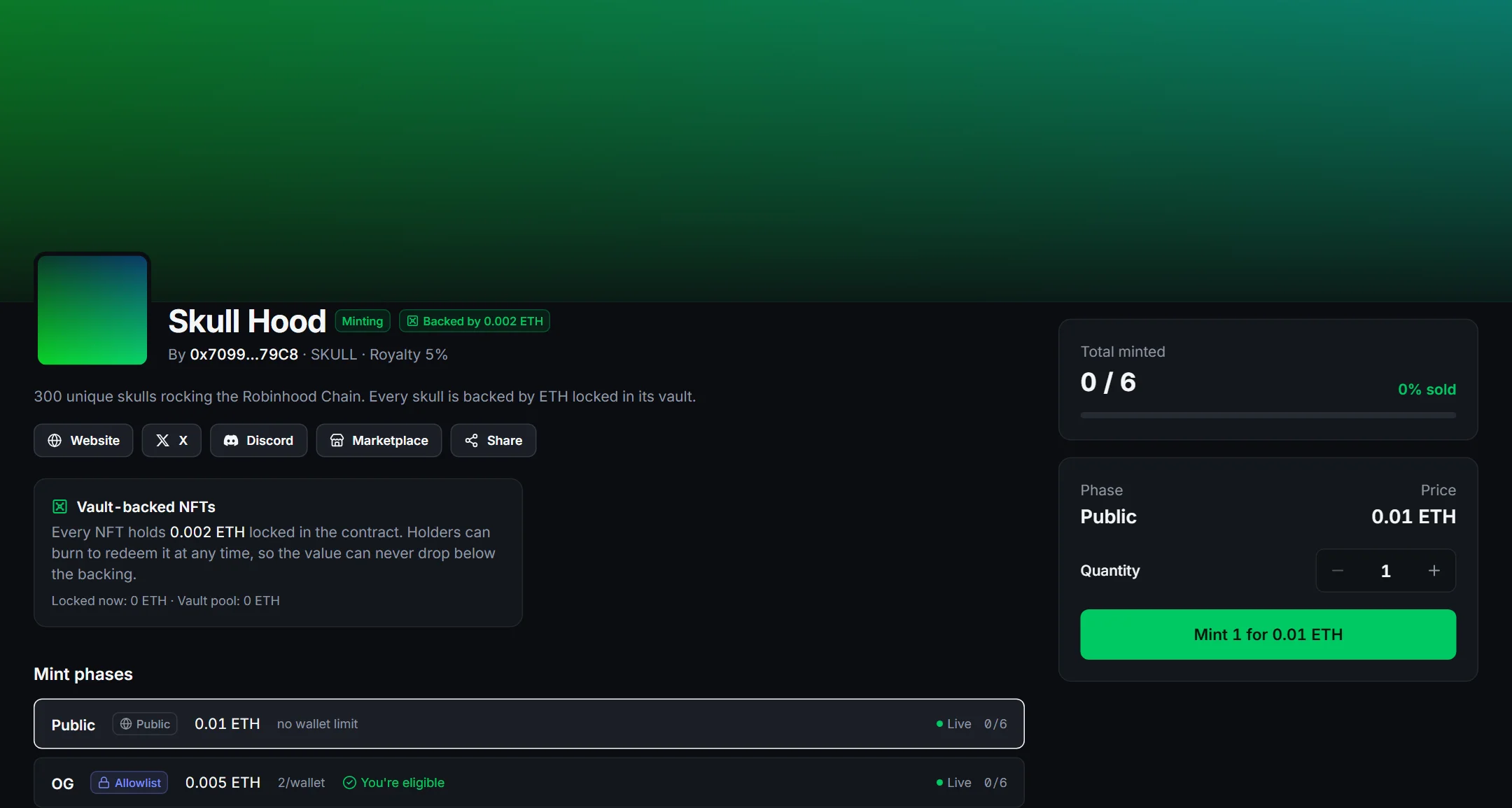 Public mint page: banner, links, vault badge, phases and the mint panel